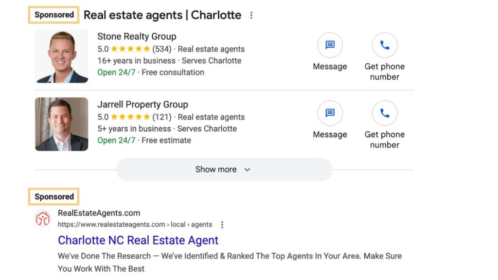 Sponsored listings for real estate agents in Charlotte.