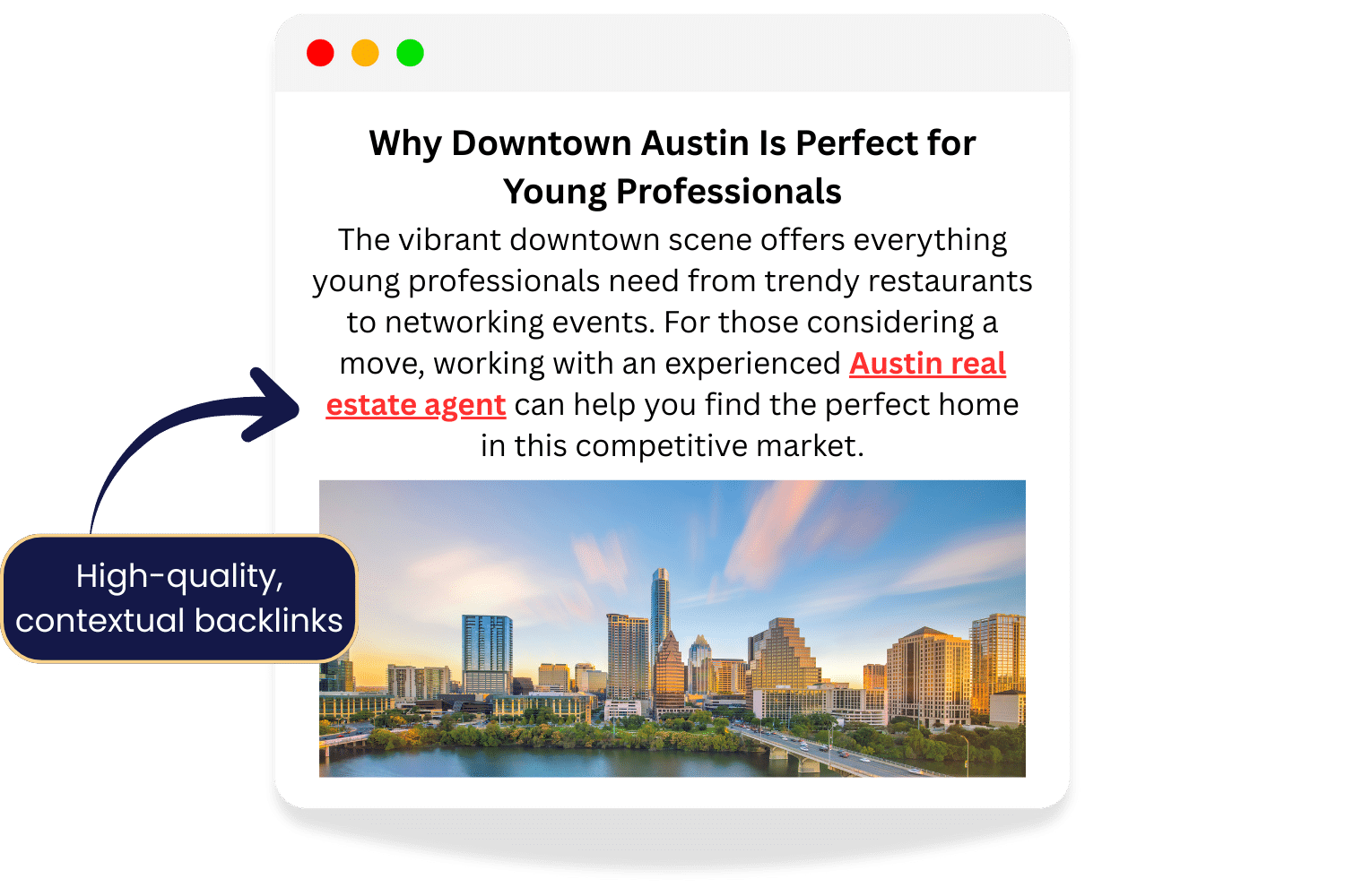 Blog post mockup about downtown Austin with a highlighted backlink to an Austin real estate agent and a city skyline image.